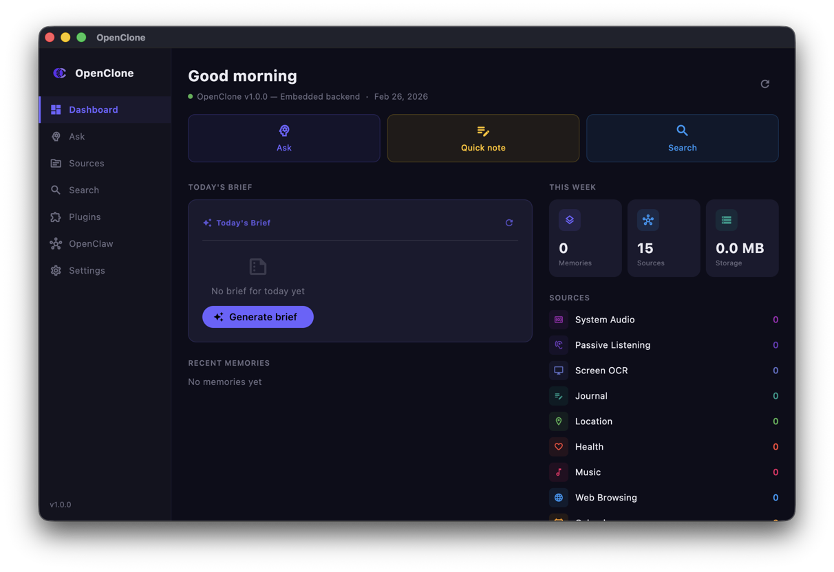 OpenClone macOS — Dashboard